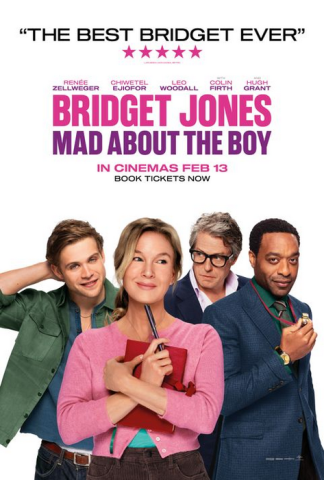 Poster image for 2025's "Mad About the Boy" film from the Bridget Jones series, with its titular character featured in the foreground, while behind stand her three potential love interests, each with distinct yet handsome features