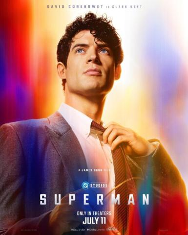 Promotional poster image for 2025's "Superman," depicting the lead in a suit as Clark Kent, removing his tie in preparation to take on his titular identity
