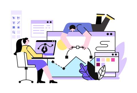 Simplified illustration in an array of pastel colors with black line-art depicting two human figures manipulating shapes across an oversize floating computer screen, circles by both icons of cursors and digital tools as well as plantlife