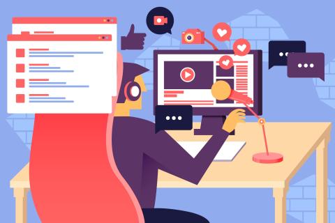 Graphic illustration of a man sitting at a desk with headphones on and a video player open on the screen, with a series of icons emerging from the window, depicting speech bubbles and social media "like" icons, as well as messaging webpage bubbles