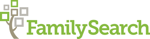"FamilySearch" logo, including the title text in a chunky serif font beside a logo depicting a stylized tree with square green and grey "leaves"
