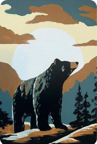 Acrylic painting of a bear in a mountainous scene lined with pine trees, posed dramatically in front of a massive sunrise