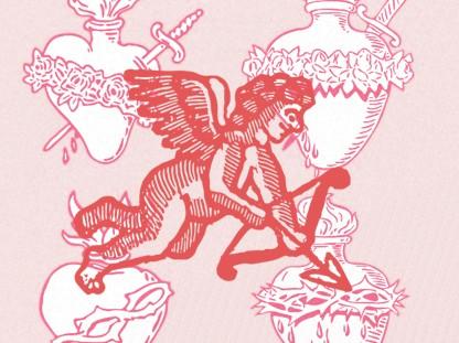 Medieval style illustration of a cherub with a bow and arrow laid atop a pattern of four stylized hearts outlines