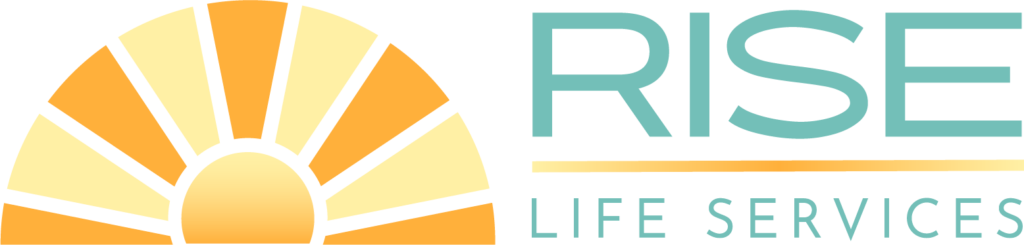 "Rise Life Services' Suicide Prevention Program" logo (a stylized sunrise made of graphic yellow and orange shapes next to the organization's title in cerulean sans-serif font)