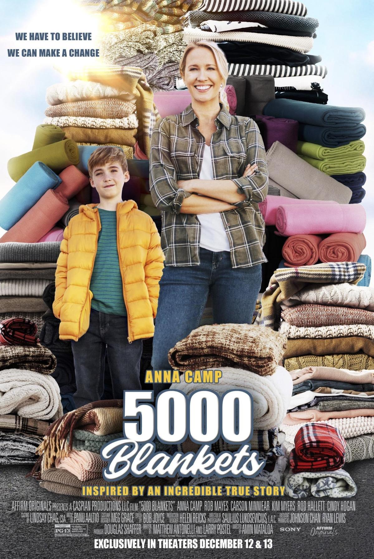 "5000 Blankets" movie poster (featuring a blonde white mom and her auburn-blonde white son in front of a tall pile of blankets)