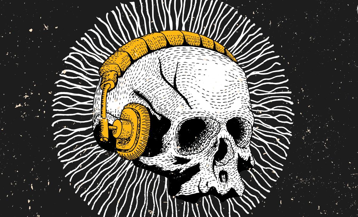 Vector illustration of a white skull with yellow headphones over a black textured backdrop with a halo of hyphae-like shapes emerging from the central skull