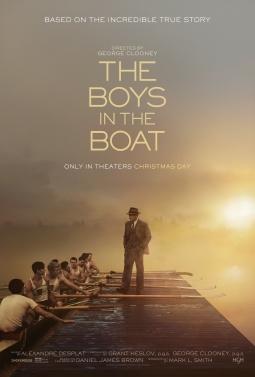 Poster for "The Boys in the Boat," featuring a man in a suit standing on a dock at dawn with a group of young men in a boat floating beside the dock's edge