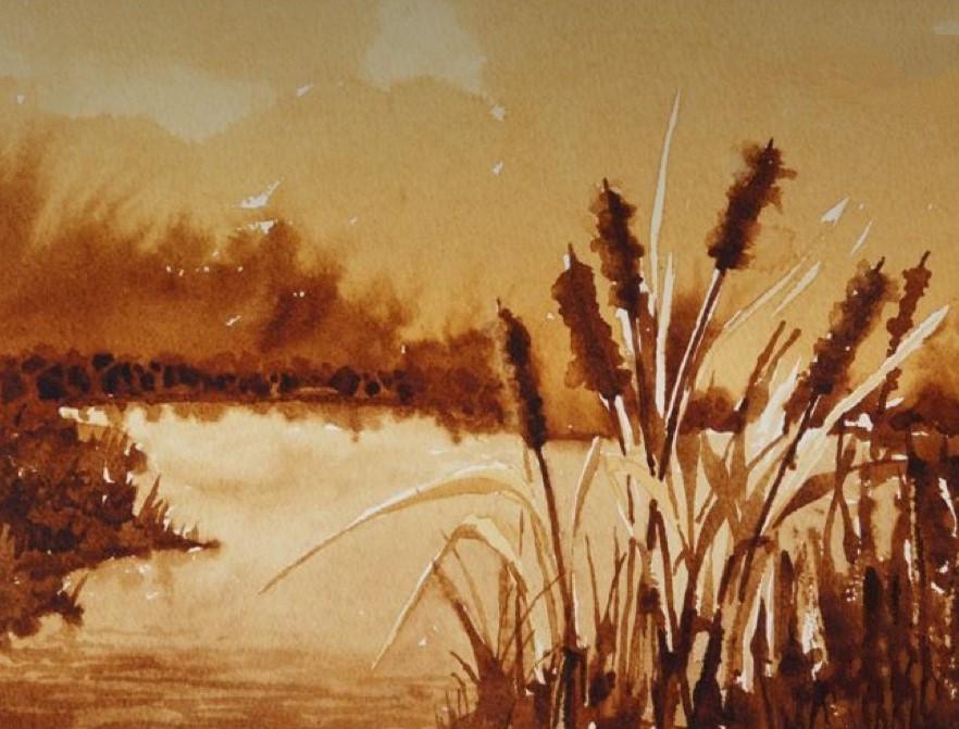 Sepia painting of a landscape featuring a northeastern shoreline with cattails in the foreground