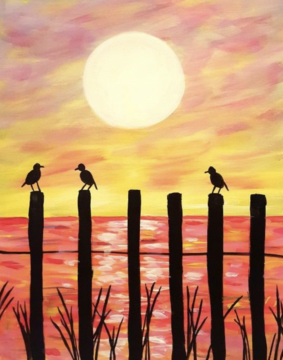 Stylized silhouette of birds atop a fencepost in front of a beach shore at sunset