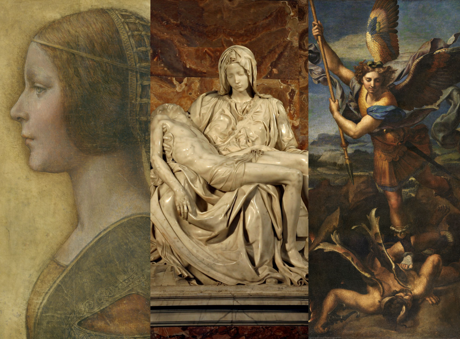 Trio of paintings from the Italian Renaissance, including: "Profile of a Young Fiancée" by Leonardo da Vinci, "Pieta" by Michelangelo, and "Saint Michael Vanquishing Satan" by Raphael