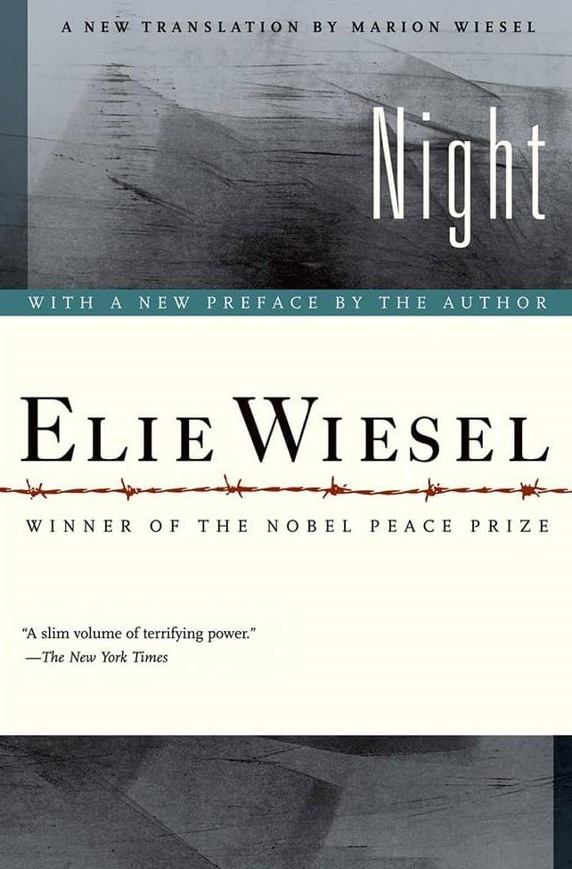 Book cover to the memoir "Night" by Elie Wiesel, featuring moody, abstract black brushstrokes over a grey backdrop, a sepia divider down the center with title and author text in a modest, black serif font, and a narrow icon of deep red barbed wire drawn down the center