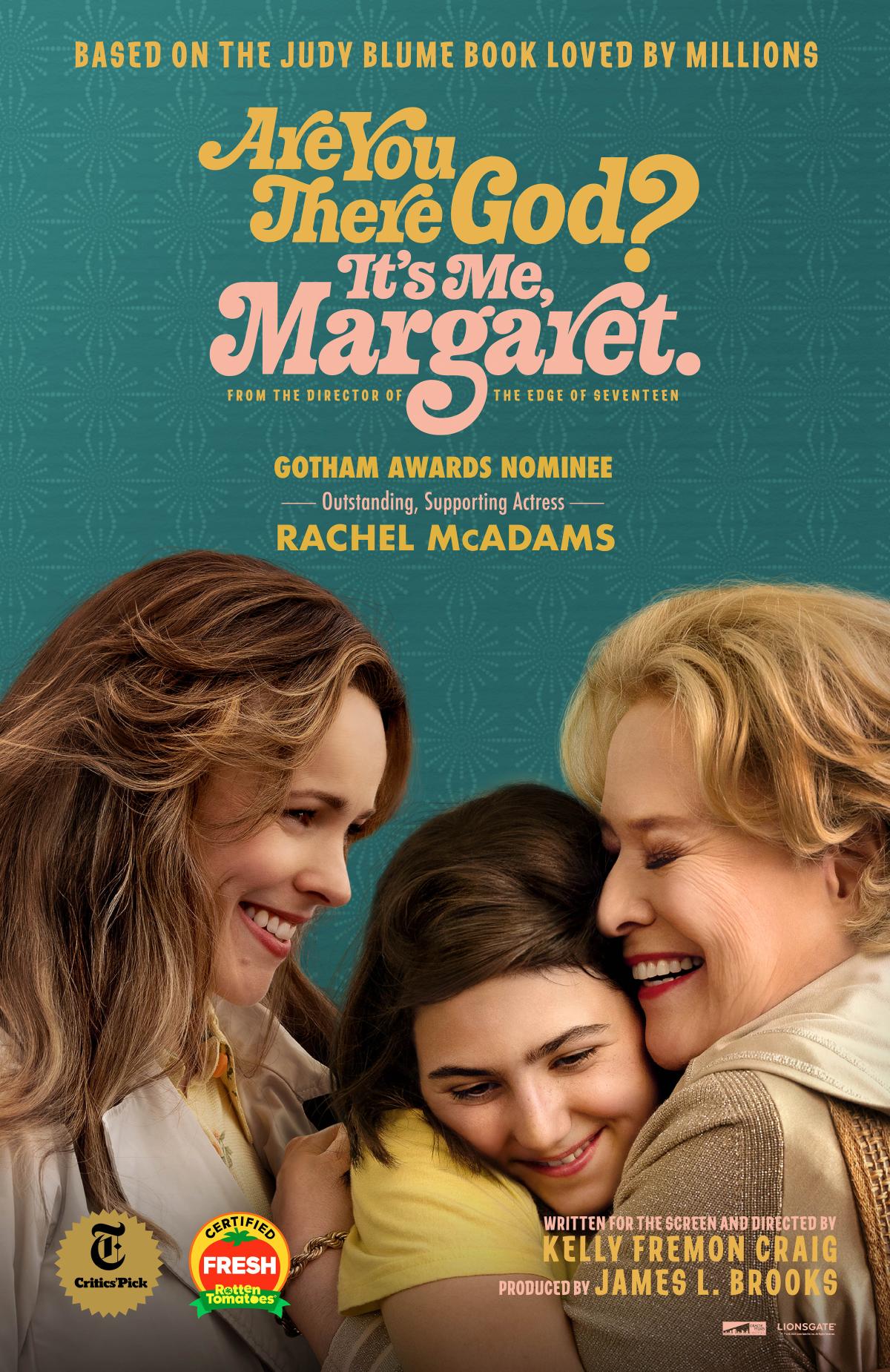 Poster cover for the film "Are You There, God? It's Me, Margaret" - featuring two women shown from the shoulders up embracing a brunette child over a teal backdrop with the title depicted in yellow ochre and light pink stylized 70s-style font