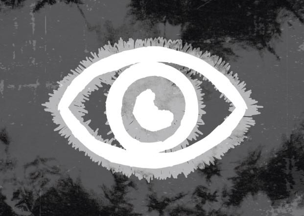 Stylized outline of an eye in white overlaid atop a splotchy grey backdrop.