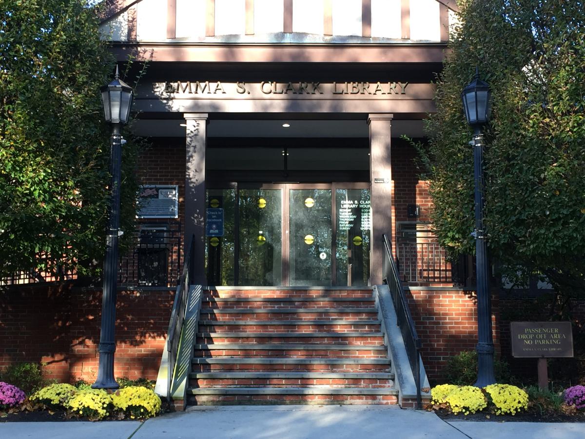 Photograph of Emma S. Clark's front library steps coated in dappled light