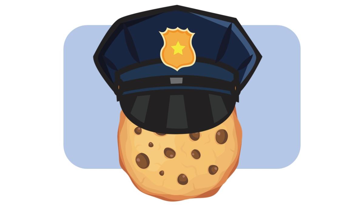Vector illustration of a police cap sat atop a chocolate chip cookie over a sky blue backdrop